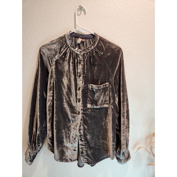 Pilcro Anthropologie Velvet Button Down Shirt XS Gray Long Sleeve Blouse NWT‎ - Picture 1 of 7